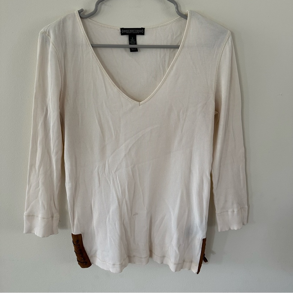 Lauren Ralph Lauren y2k ribbed V neck suede lace up boho top (iiii)